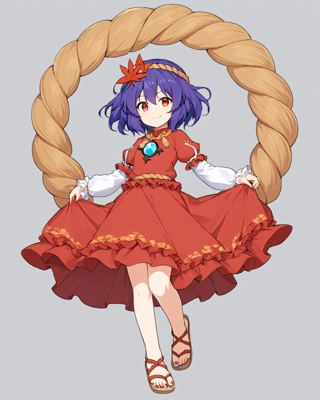 yasaka kanako,1girl, weibo_username, weibo_logo, solo, shimenawa, white_background, full_body, skirt, shide, simple_background, sandals, frilled_sleeves, puffy_short_sleeves, sideways_glance, red_shirt, nail_polish, leaf_hair_ornament, red_dress, smile, looking_to_the_side, long_sleeves, looking_at_viewer
<lora:yasaka_kanako_image2545_2023-12-20-000010:1>,star-shaped_pupils,symbol-shaped_pupils,. gorgeous,key visual, vibrant, studio anime,award-winning, professional, highly detailed,high budget, cinemascope