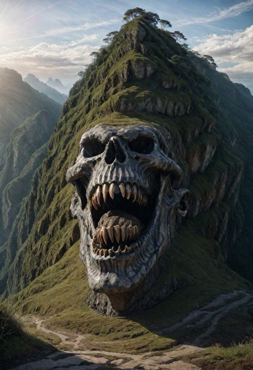 Surreal, a strange looking mountain with lots of strange chiseled rocks y mouth and chiselled teeth, uncanny, deep shadows, random noises,(landscape focus:1.1), 
mayamaze, OverallDetail, island