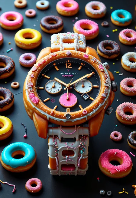 d0nu71f13d, An epic photo of a cyberpunk watch made of doughnuts, neon color, masterpiece, best quality, highly detailed, sharp focus, dynamic lighting, flux-style, mobe-cybideen