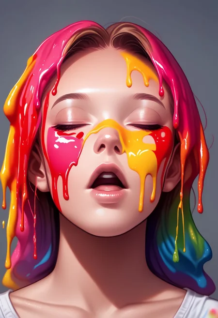prideb4fall, 1girl, solo, closed eyes, portrait, lips, collarbone, parted lips, upper teeth only, paint dripping, rainbow colors, gradient overlay, rainbow paint, open mouth, made of rainbows, rainbow overlay, pride month, rainbows
zPDXL2