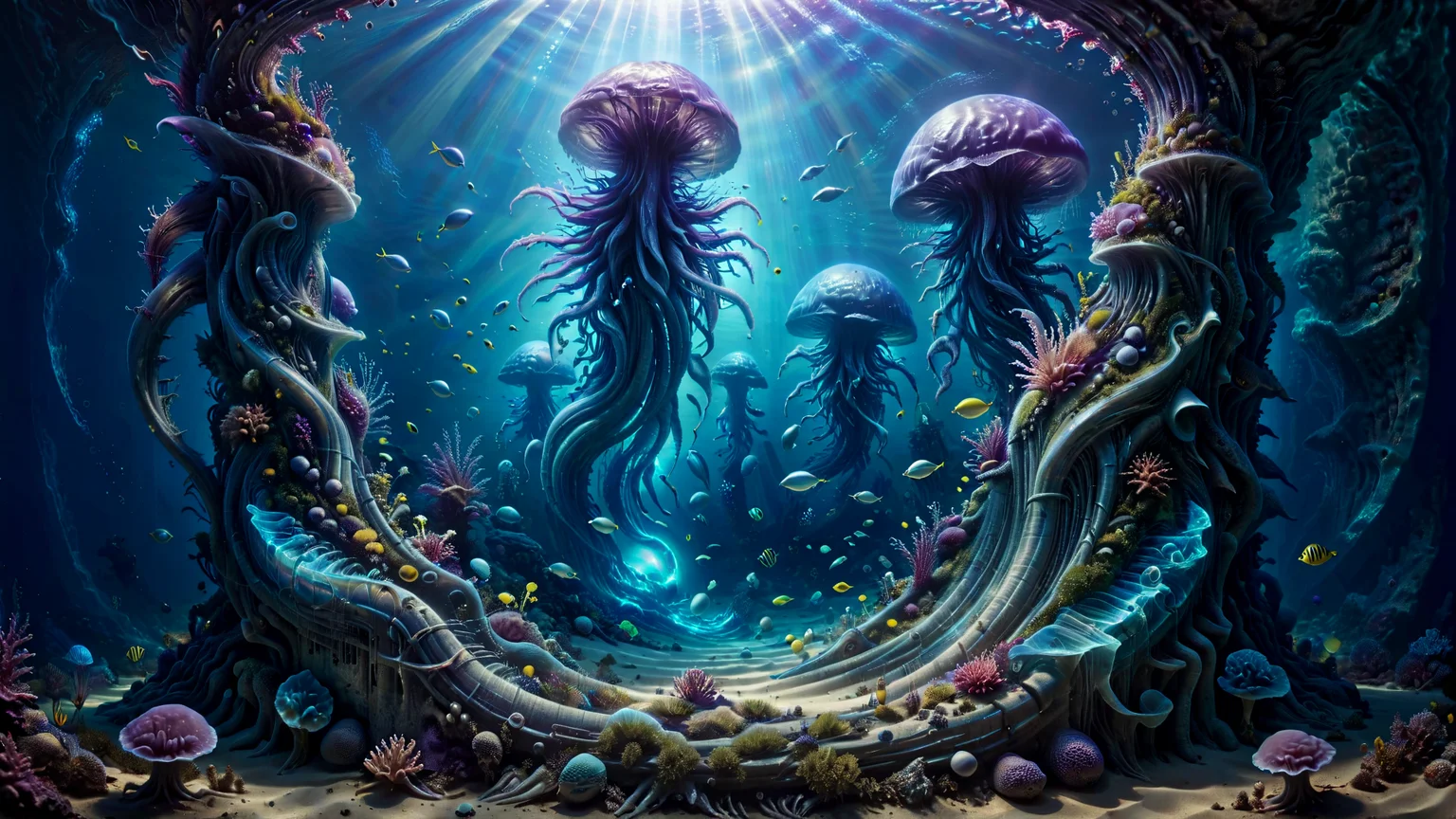 Immerse yourself in the mesmerizing depths of an underwater world. Capture the ethereal beauty of an (alien:0.4) progenitor holographic ruined monument on the ocean bed, illuminated by the vibrant glow of marine flora. Experience the enchanting world of thriving life beneath the waves. Use HDR and raytracing to enhance visual impact of vibrant colours and create an ultimate masterpiece