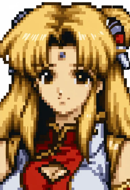 score_9, score_8_up, score_7_up, source_anime, 1girl, solo, smile,
<lora:zs_FE4PortraitsXL:1> fe4portraits, portrait, pixel art, white background,
ga_ranpha, (1990s\(style)\:0.3), kawaii, China dress, red dress, cleavage cutout, white jacket, wrist cuffs, arm band, large breasts, blonde hair, parted bangs, gray hairpods, forehead mark, long hair, brown eyes