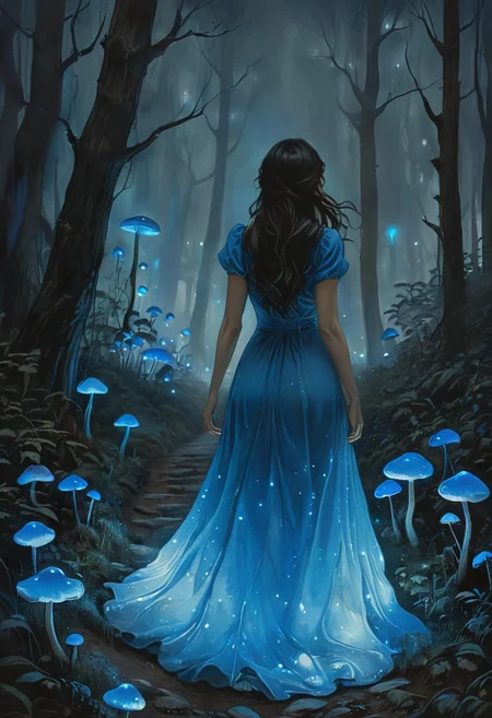 (water-colored), illustration, style of Jessica Galbreth,
(far view, far shot, rear view, facing away:1.3),
(Alice, woman walking on a trail, very long dark brown hair, hair rim lighting, hair in the wind, blue maid dress with short sleeves, black tights, black shoes:1.5),
fog, dreamy, dream,
(at night, raining, heavy rain, forest, blue glowing mushrooms, blue lights, blue glowing dress:2)