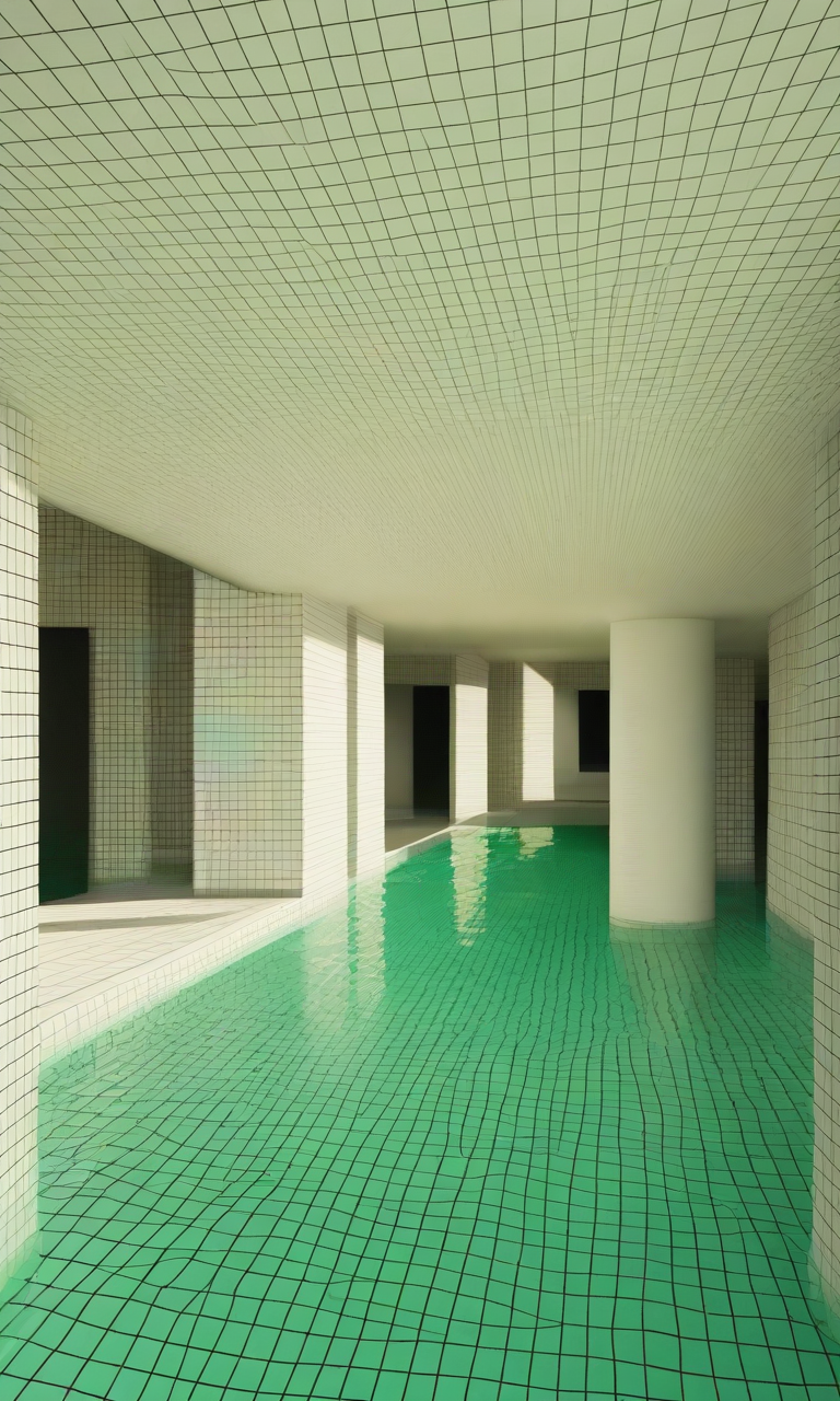 masterpiece, best quality, no humans, Poolrooms, Tiled Walls, Liminal Space, Dream Pool