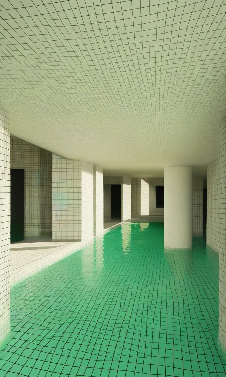 masterpiece, best quality, no humans, Poolrooms, Tiled Walls, Liminal Space, Dream Pool
