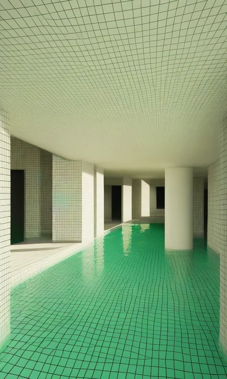 masterpiece, best quality, no humans, Poolrooms, Tiled Walls, Liminal Space, Dream Pool
