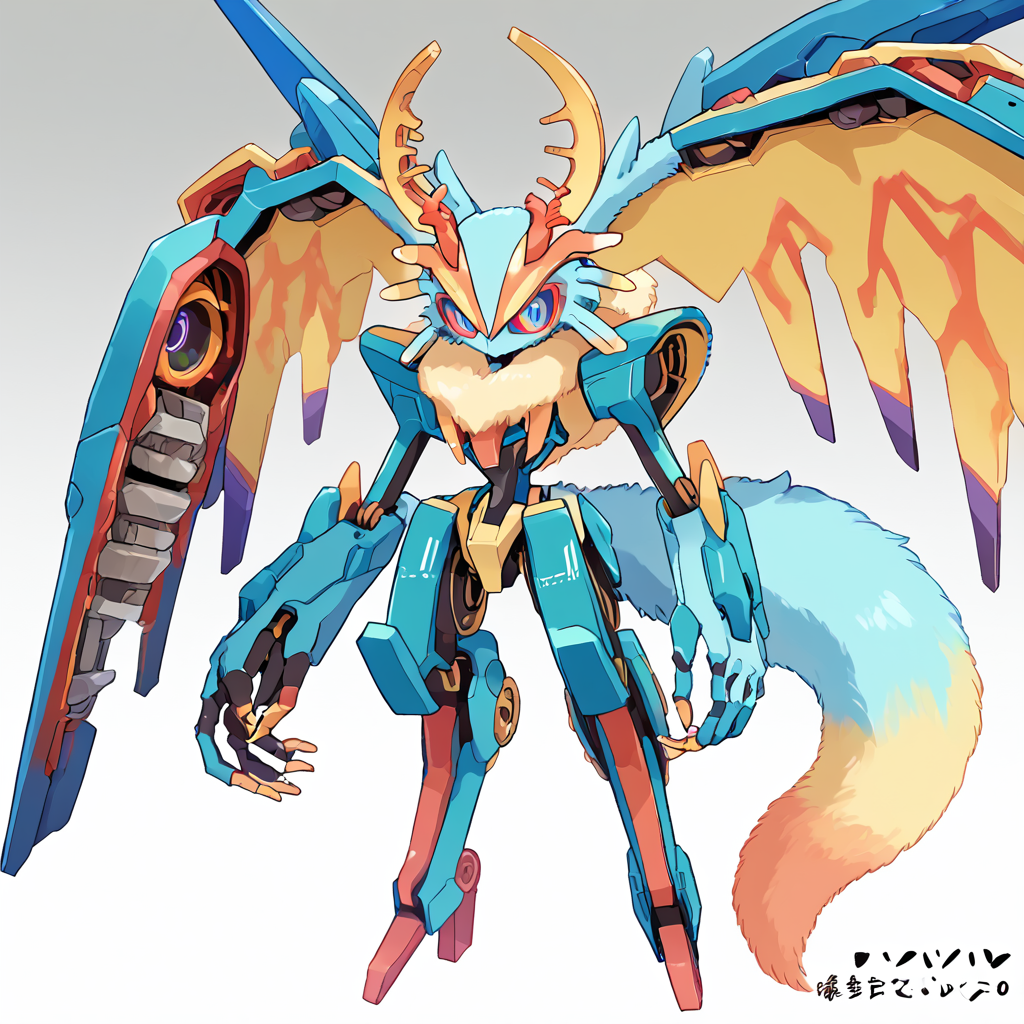 <lora:Elfilis:0.8> Fecto Elfilis, blue fur, multicolored eyes, head wings, antlers, yellow fur, colored sclera, fluffy tail   <lora:edgEroMechaPonyv1:0.8> edgMM, edgMM mecha musume, look at prompts for more