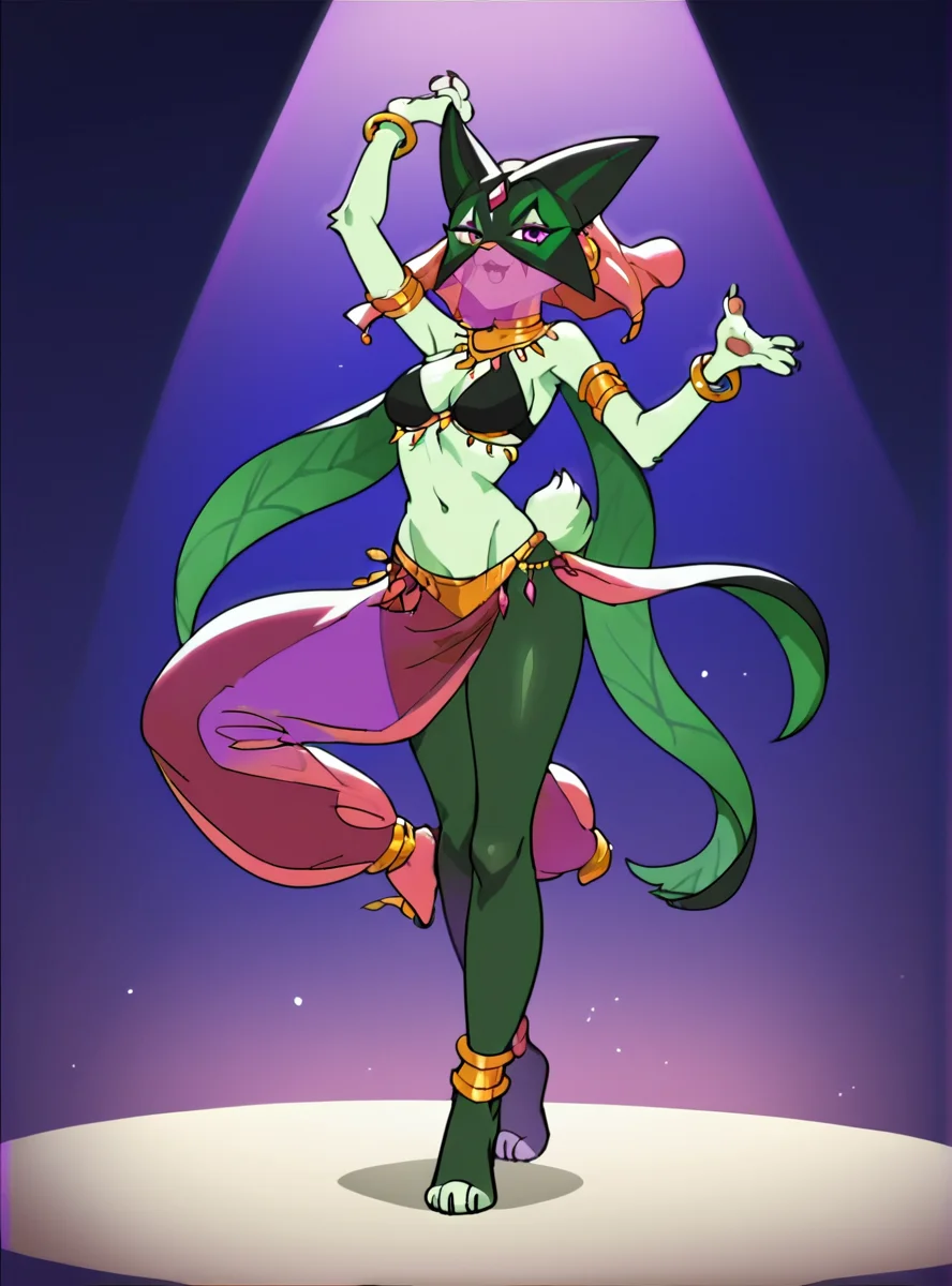score_9, score_8_up, score_7_up, score_6_up, score_5_up, score_4_up, source_anime anime screencap, <lora:MewoscaradaTest:0.9>, meowscaradaXL,, furry female, dancer, harem outfit, mouth_veil, dancing