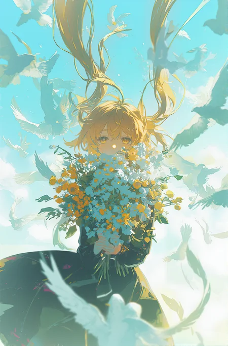 hfu1, b74_holy,hair floating,[(aqua theme, aqua lighting:0.8):pink lighting, pink theme:6],from distance, scenery, 1girl, white pigeon,solo, flower, bouquet, head tilt, smile,feather in blurry foreground, long hair, blonde hair, two side up, green eyes, holding bouquet, closed mouth, holding, outdoors, sky, white flower, yellow flower, long sleeves,  cloud, blue sky, hair ribbon,  ribbon, dress, black dress, A girl holding a bunch of flowers in her hands<lora:Bright_aesthetical_r1-000004:.6> <lora:aesthetical_epoch_3:.6> b74_aes <lora:AnimeLight-v2-000103:.4>   <lora:Hair_floating_up-000006:.5>