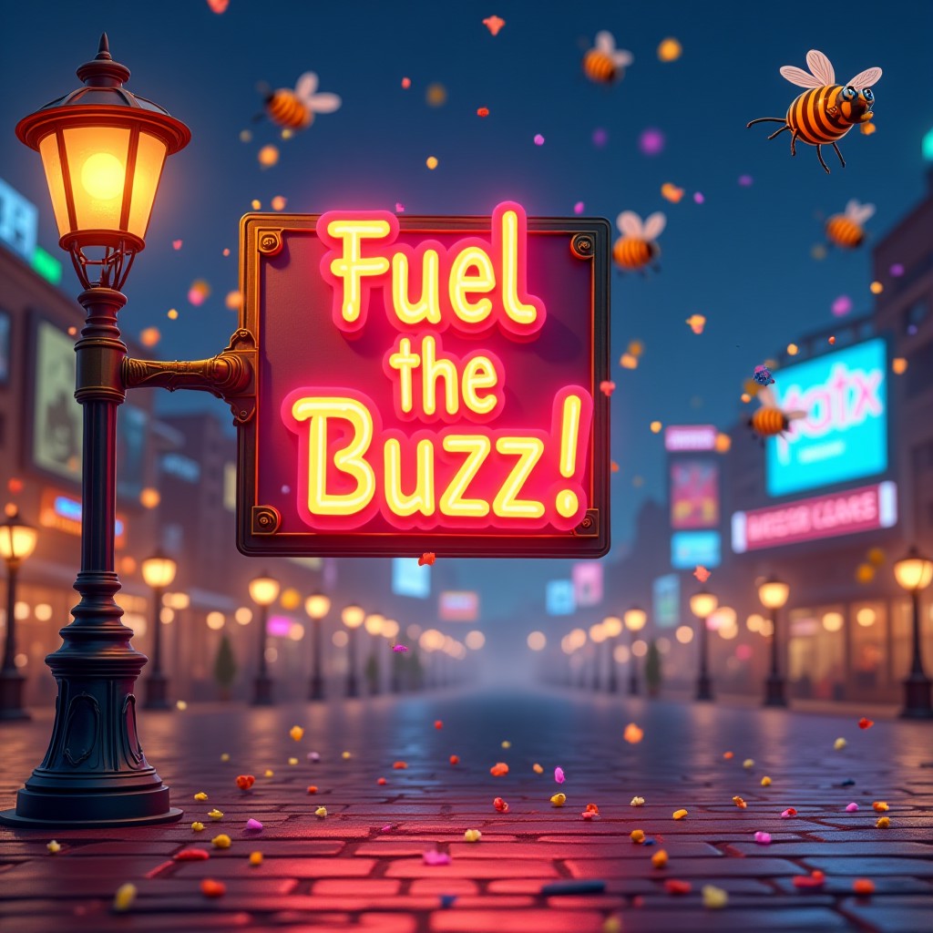 Create a vibrant and playful scene featuring a glowing neon sign that reads, 'Fuel the Buzz!' The sign is attached to a classic, old-fashioned streetlamp in a lively city square, where colorful confetti swirls in the air. Around the sign, small, animated bees fly in circles, leaving behind trails of sparkling light. The scene is set against a backdrop of a bustling cityscape with bright billboards, twinkling stars, and soft, warm lighting. The overall atmosphere should feel dynamic, cheerful, and energetic—an invitation to viewers to join the buzz and support the excitement!