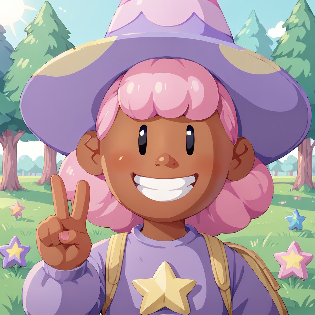score_9, score_8, score_7, Break, violet_lucky, dark skin, pink hair, hat, star (symbol), v, smile, looking at viewer, grass trees, natural lighting