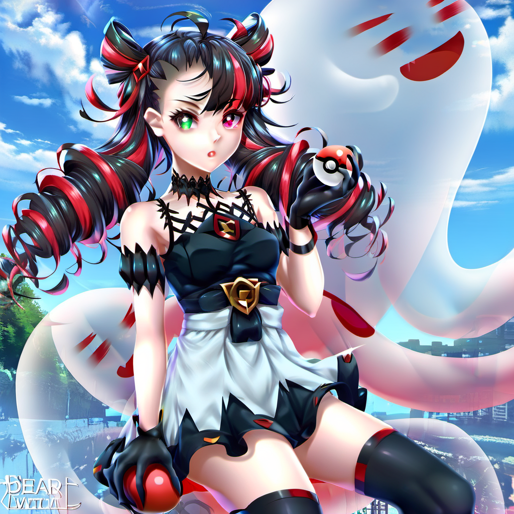 day, green eyes, dress, ahoge, multicolored hair, skirt, ghost, twin drills, poke ball, asymmetrical bangs, tail, black gloves, red eyes, thighhighs