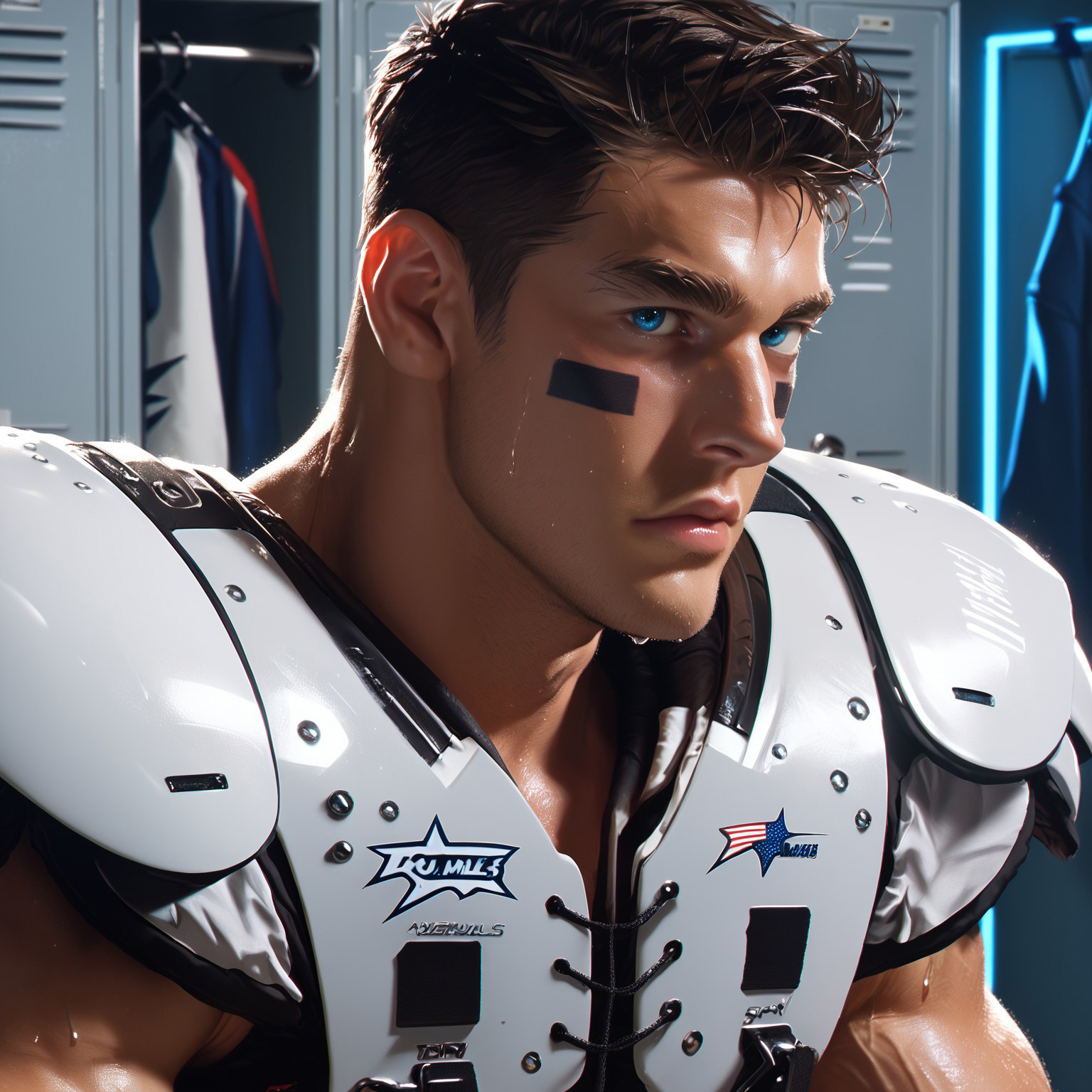 safe_pos, FootballShoulderPads, male focus, locker room, American football player, big biceps, very attractive, eye black, close up, blue lights, blue eyes, score_9, score_8_up, score_7_up, highly detailed, [sweaty]