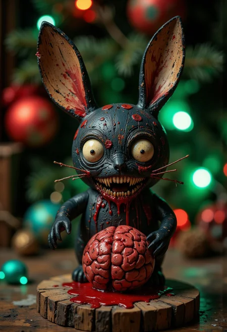 A high-quality, body shot close-up photograph of a ck-owct style hand-painted wooden Christmas toy featuring a skinny one-arm cute little black zombie rabbit with a ripped ear, long teeth and eating a human brain flowing with blood. Green and red vivid ambient light.