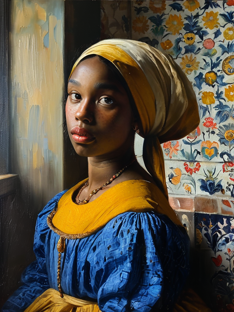 masterpiece,best quality,<lora:tbh122-sdxl:0.9>,portrait of man,oil painting,style of Jan Vermeer,black girl,