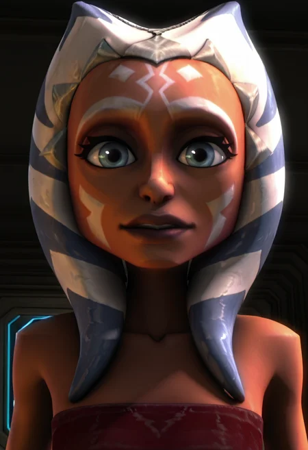 <lora:Ahsoka_Tano:1> ahsoka_tano, 1girl, female focus, togruta, orange_skin, lekku, facial_markings, symmetrical face paint, original_appearance, bandeau_outfit, clone_wars_style, star_wars_background, 3d, close up, looking at viewer