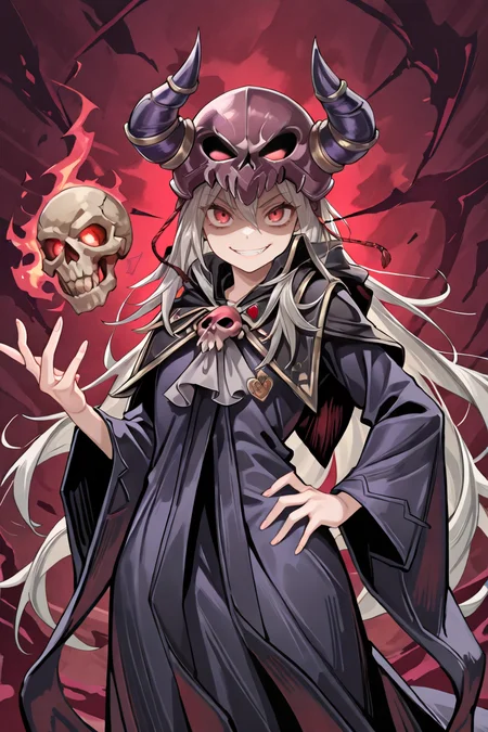 masterpiece, very aesthetic, absurdres, best quality, amazing quality, high resolution, <lora:illustrious_quality_modifiers_masterpieces_v1:0.8> , <lora:ChamIllustriousBackgroundEnhancer:0.5>,  solo,  <lora:NecromancerIL:0.95> , necdef, 1boy, red eyes, grey hair, skull, horned helmet, horns, fake horns, skull brooch, black capelet, robe, cowboy shot, looking at viewer, evil grin, shaded face, hand on hip, reaching towards viewer