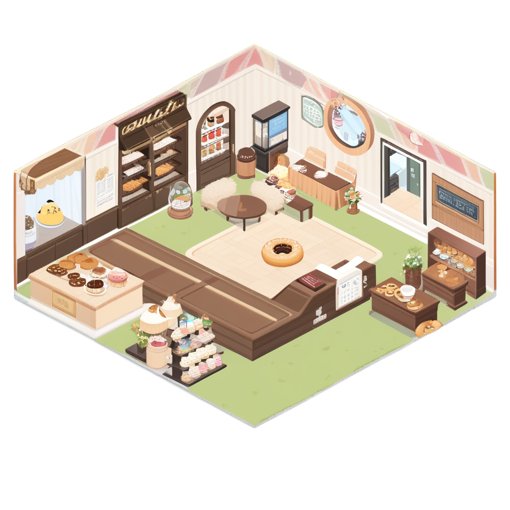 masterpiece,best quality,<lora:backyardtheme_a3:1>,backyardtheme, isometric, no_humans, doughnut, teacup, table, book, grass, flower, shelf, plate, cake, plant, saucer, indoors, cookie, cash_register