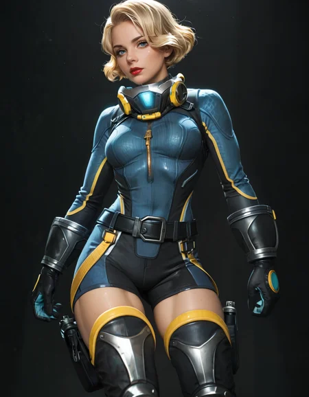 score_9,score_8_up,score_7_up,score_6_up,dark background,1girl,solo,gloves,bodysuit,belt,thigh knee boots,blonde hair,short hair,black shorts,lipstick,blue eyes,medium breasts,thigh pouch,knee pads,looking at viewer,diving suit,2d,anime, <lora:MyTrainings\Temp\Catalyst_Stellar_Swimmer_XL_Pony.safetensors:0.5>