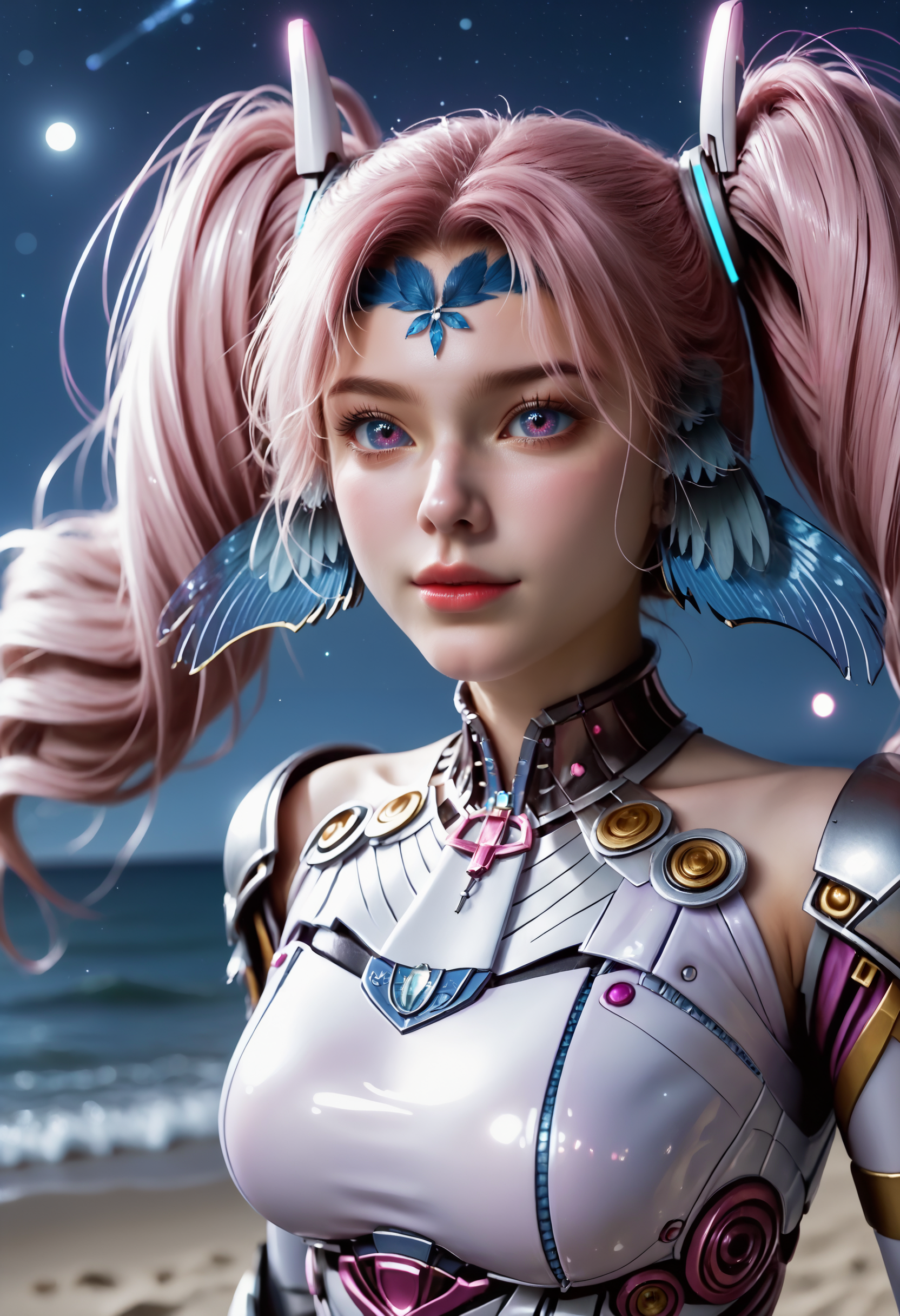 Masterpiece, best quality, amazing quality, very aesthetic, high resolution, ultra-detailed, absurdres, HDR, cinematic lighting, highres, newest, 
aichen, 1girl, pink hair, solo, long hair, twintails, drill hair,  purple eyes, blue head wings, blue forehead jewel, hair ornament, glowing golden rings on the twintails at the end, dutch_angle, pink aura, heart, dynamic_pose, bodysuit, realistic, photorealistic, cropped_hoodie, pleated_skirt, night, moonlight, white_legwear, white_footwear, beach, blush_stickers, full-face_blush, garter_straps, close, bokeh, portrait,