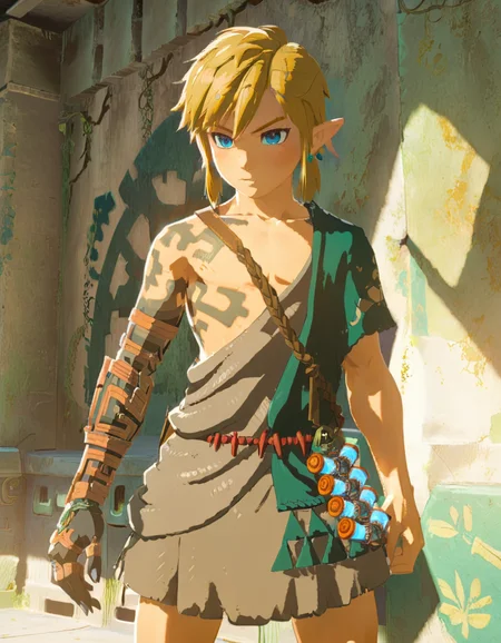 anime artwork cartoon of 1boy like totklink wearing zonai dress,tattoo, single bare shoulder, short blond hair, fighting pose ,solo,indoors,leaning on wall,
detailed background, sunny day, highly detailed, volumetric, dramatic lighting . anime style, key visual, vibrant, studio anime, highly detailed <lora:xl_totkl:0.85> single bare shoulder, tattoo