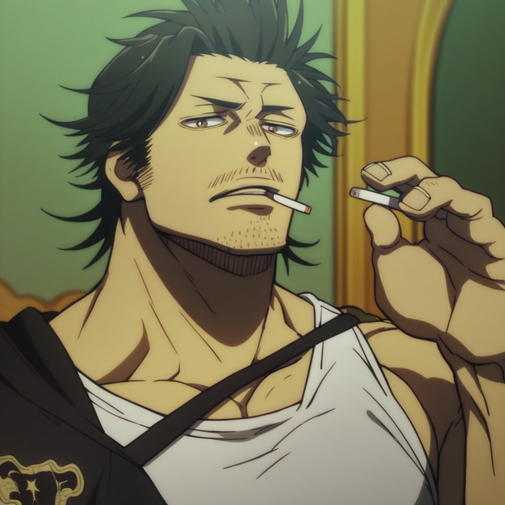 score_9, score_8_up, score_7_up, 1man, Yami Sukehiro, male focus, solo, facial hair, stubble, upper body, looking at viewer, white tank top, cigarette, pectorals