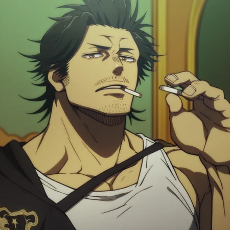 score_9, score_8_up, score_7_up, 1man, Yami Sukehiro, male focus, solo, facial hair, stubble, upper body, looking at viewer, white tank top, cigarette, pectorals