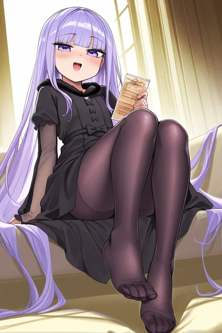 masterpiece, best quality, amazing quality,
<lora:Syalis_IL:1> syalis, 1girl, long hair, purple eyes, solo, no shoes, feet, smile, open mouth, purple hair, looking at viewer, black dress, sitting, pantyhose, blush, very long hair, holding, bangs