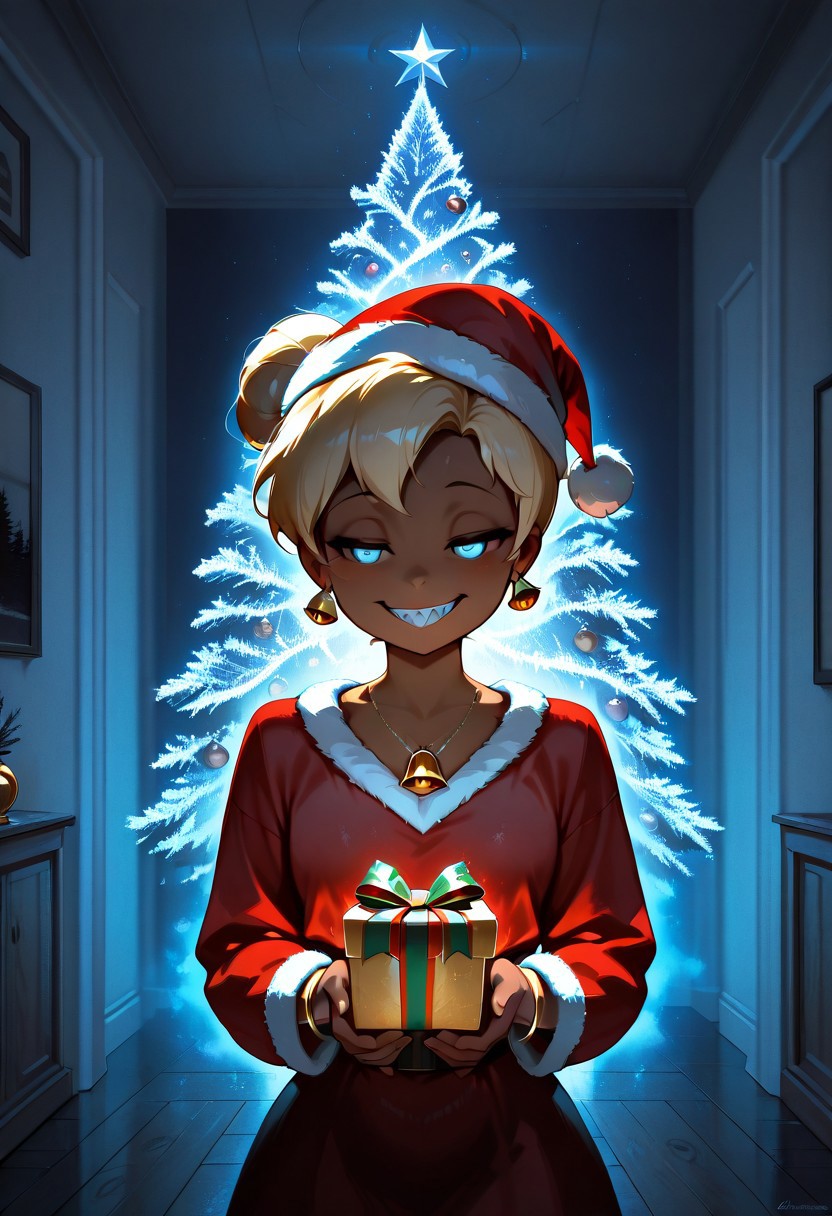 masterpiece, best quality, newest, absurd res, highres, hi res, beautiful, scenic, 1girl, TinkerWaifu, Blonde hair, single hair bun, blue eyes, wearing Red santa dress with a white fur trim, red santa hat with a white fur trim, gold bell bracelet, gold bell necklace, gold bell earrings, holding a present, anime style, dark skin, non-reflective skin, glowing eyes, different sized eyes, iris patterns, ethereal glow, closed eyes, half lidded eyes, wide smile, predatory smile, sharp teeth, white teeth, bust up, waist up, three quarters view, playful expression, energetic pose, space background, clean lines, vibrant colors, semi realistic lighting, horror theme, digital art, concept art, high detail, dramatic lighting, dark light contrast, eerie cuteness, cute and creepy, adorable horror, dark cute, kawaii x horror, Lovecraftian aesthetics, fog, dark, haze, chiaroscuro, low-key, night, foggy, mysterious, in living room, Christmas tree fading out, walls rotting,