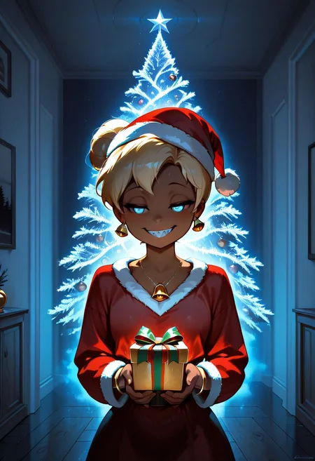 masterpiece, best quality, newest, absurd res, highres, hi res, beautiful, scenic, 1girl, TinkerWaifu, Blonde hair, single hair bun, blue eyes, wearing Red santa dress with a white fur trim, red santa hat with a white fur trim, gold bell bracelet, gold bell necklace, gold bell earrings, holding a present, anime style, dark skin, non-reflective skin, glowing eyes, different sized eyes, iris patterns, ethereal glow, closed eyes, half lidded eyes, wide smile, predatory smile, sharp teeth, white teeth, bust up, waist up, three quarters view, playful expression, energetic pose, space background, clean lines, vibrant colors, semi realistic lighting, horror theme, digital art, concept art, high detail, dramatic lighting, dark light contrast, eerie cuteness, cute and creepy, adorable horror, dark cute, kawaii x horror, Lovecraftian aesthetics, fog, dark, haze, chiaroscuro, low-key, night, foggy, mysterious, in living room, Christmas tree fading out, walls rotting,
