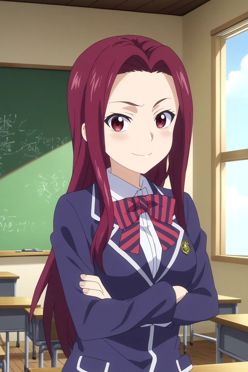 sakaki ryoko,1girl,solo,looking_at_viewer,purple hair, long hair,smile,breasts,school uniform,jacket,stripped bow,smile,blush,upper body,crossed arms BREAK indoors,japanese classroom,classroom,simple decor, organized shelves, neat rows, kanji on the board,windows,blue sky,Wooden floors, low desks, chalkboard, sliding doors, sunlight, quiet, neat rows,cowboy shot <lora:Sakaki_Ryoko_-_Food_Wars.safetensors:0.8> <lora:detailed_backgrounds_v2.safetensors:0.8>