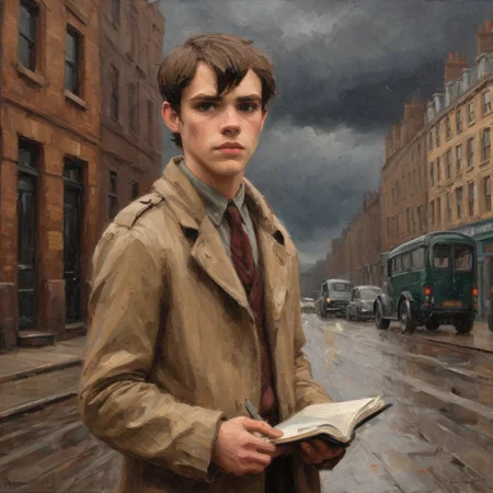 1930s style, 1930s fashion, in style of Edward Hopper and John Singer Sargent,
A portrait of Callum, a 20-year-old British reporter, standing on a drizzly 1930s London street. Depict him in a worn, beige trench coat, clutching a notebook, with a determined glint in his eye. The cloudy sky above casts a soft, diffused light, illuminating the scene with a sense of melancholy. Capture Pit's gaunt, angular features, with a sharp jawline and piercing brown eyes that seem to bore into the viewer.
<lora:ClassipeintXL2.1:0.4> oil painting <lora:EldritchPaletteKnife:0.4> palette knife painting