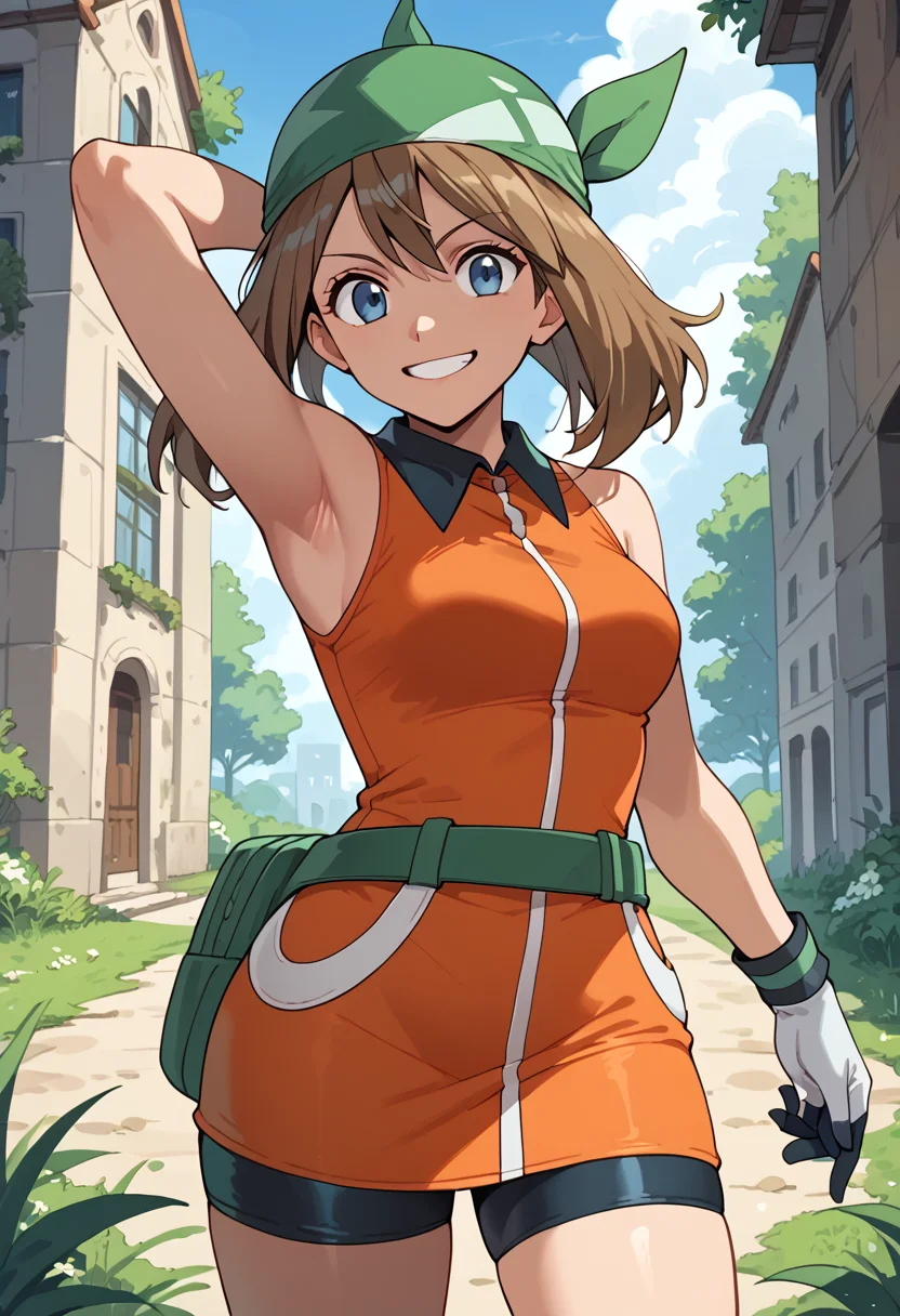 Standing with one hand behind the head, smile, <lora:MayRSEPony:1> May_Es, medium hair, brown hair, blue eyes, green bandana, collared dress, sleeveless dress, orange dress, white gloves, fanny pack, green belt, shorts under dress, bike shorts, orange footwear,, score_9, score_8_up, score_7_up, score_6_up, score_5_up, score_4_up,