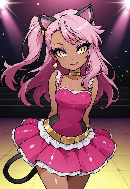 masterpiece, best quality, solo, curvy, beautiful eyes, narrow waist, wide hips, 1girl, solo, smile, looking at viewer, foreshortening, close up, anime screenshot, zzKuro, yellow eyes, pink hair, long hair, one side up, dark skin,, cat ears, cat tail, makeup, sleeveless, pink skirt, idol, jewelry, eyeshadow, high heels, lipstick, C0utur3Cr4z3, hands behind back, chest forward, cowboy shot, smile, looking at viewer,