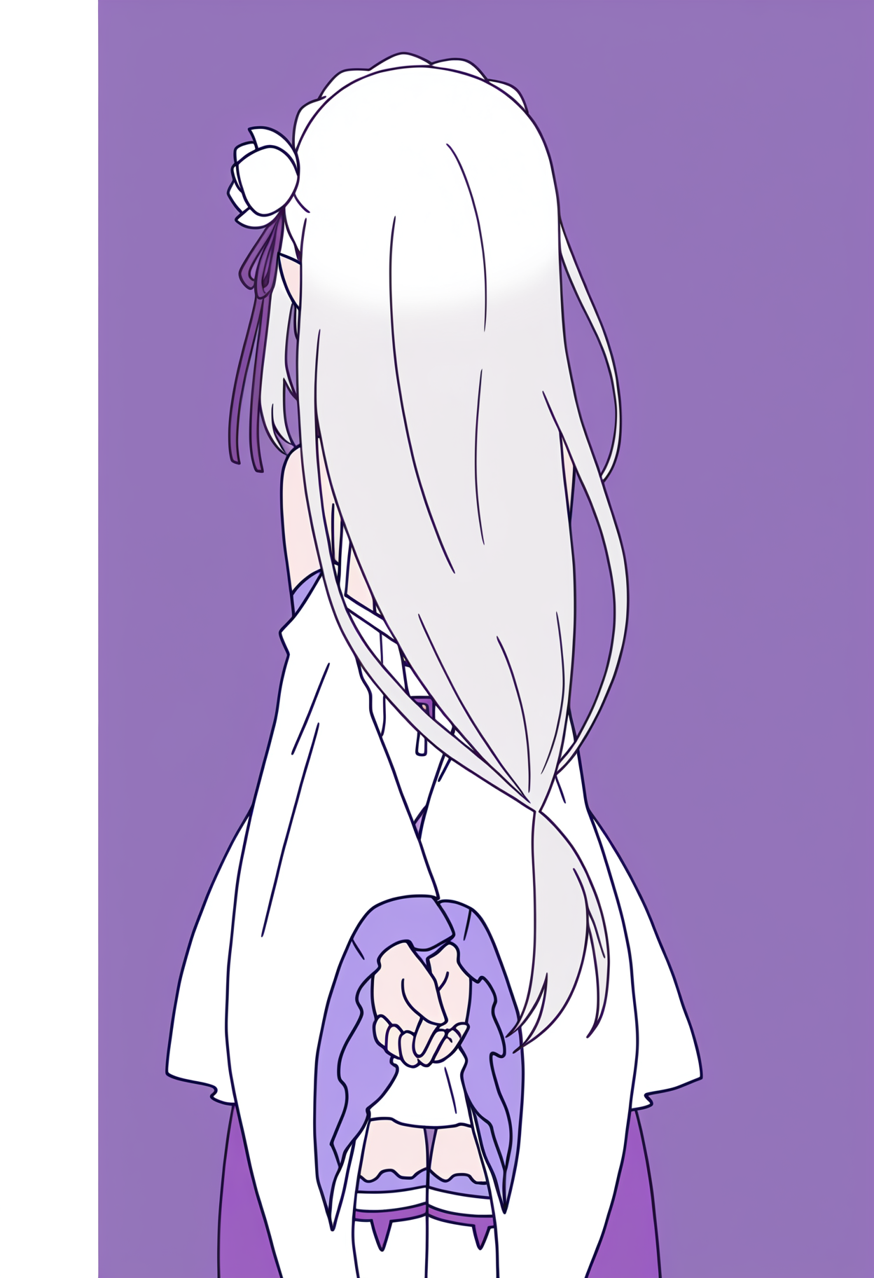 masterpiece, best quality, high resolution, source_anime, highly detailed illustration, detailed eyes,  
very aesthetic, absurdres, newest, amazing quality, 
<lora:shiRabbitHoleStyleConceptV1ill:1>, shirbtlestyle, from behind, 
cowboy shot, from behind, arms behind back, own hands together, 
1girl, solo, 
<lora:shiEmiliaV12ill:1> shimilia, long hair, grey hair, pointy ears, crown braid, hair flower, hair ribbon, purple ribbon, x hair ornament, white dress, cleavage, bare shoulders, wide sleeves, white thighhighs, thigh boots,