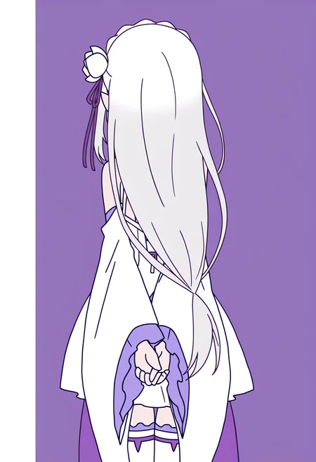 masterpiece, best quality, high resolution, source_anime, highly detailed illustration, detailed eyes,
very aesthetic, absurdres, newest, amazing quality,
<lora:shiRabbitHoleStyleConceptV1ill:1>, shirbtlestyle, from behind,
cowboy shot, from behind, arms behind back, own hands together,
1girl, solo,
<lora:shiEmiliaV12ill:1> shimilia, long hair, grey hair, pointy ears, crown braid, hair flower, hair ribbon, purple ribbon, x hair ornament, white dress, cleavage, bare shoulders, wide sleeves, white thighhighs, thigh boots,