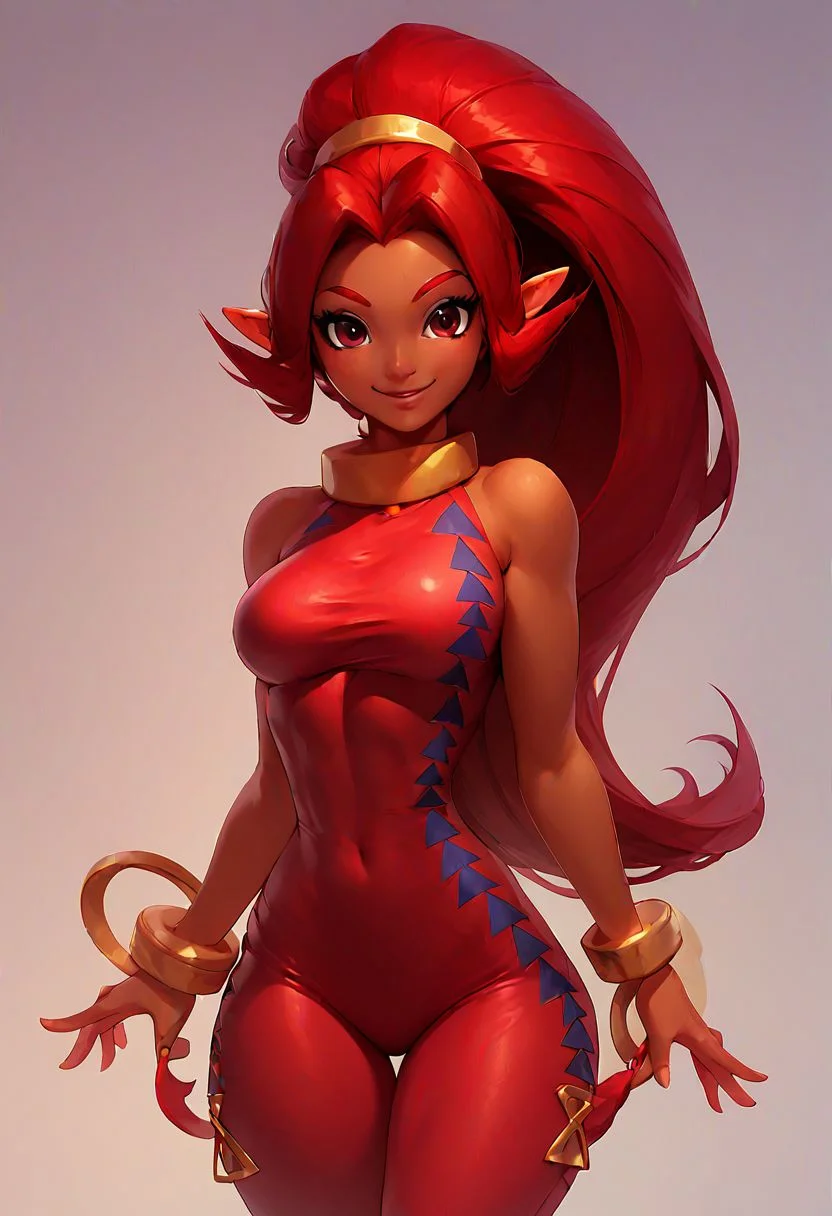 score_9, score_8_up, score_8, medium breasts, (curvy), cute, eyelashes, Din_Zelda, dark skin, red unitard, solo, smiling, looking at viewer, cowboy shot,