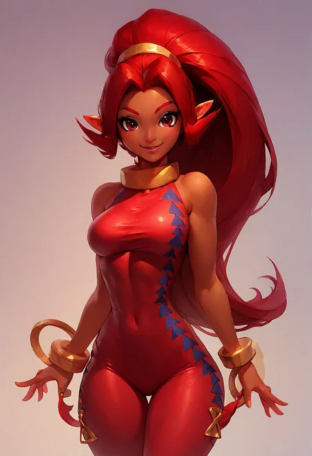 score_9, score_8_up, score_8, medium breasts, (curvy), cute, eyelashes, Din_Zelda, dark skin, red unitard, solo, smiling, looking at viewer, cowboy shot,