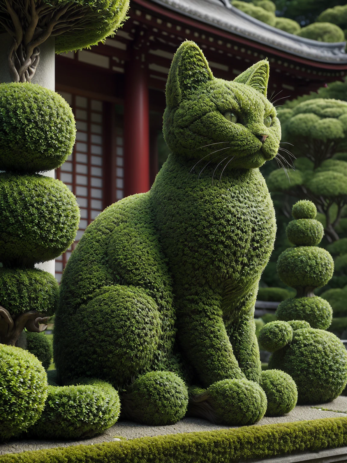 mad-hecke cat sitting, Japanese temple garden, <lora:Hedge_Row_SDXL:1.0>, (masterpiece:1.2), best quality, (hyperdetailed, highest detailed:1.2), high resolution textures