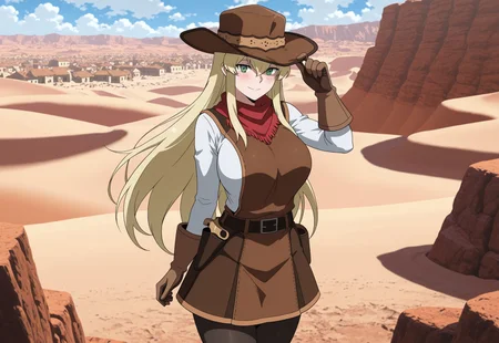 masterpiece, best quality, newest, absurdres, very aesthetic, Doya, 1girl, solo, cowboy shot, 
(blonde hair, long hair, bangs between eyes, sidelocks), green eyes, big breasts, 
(brown wide-brim hat), brown vest, white undershirt, red scarf, long-sleeves, brown gloves, brown skirt, (belt, belt buckle, belt pouches, holsters), black pantyhose, 
smile, looking at the viewer, (closed mouth), blush,
outdoors, sunny weather, town, old west, desert,