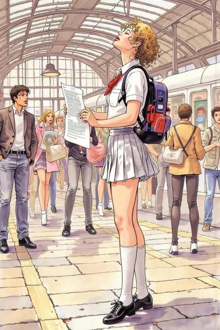 itacomic1 illustration. Profile of a high school student in uniform, white socks and black shoes, standing in the middle of a train station, holding two acceptance letters--one for a local college and the other for an overseas university. The station is bustling with people moving in every direction, while she stands still, eyes closed, taking a deep breath as she tries to decide which future to follow <lora:itacomic_mima4_nocap_d4a2:1.0><lora:801712116311525251:0>