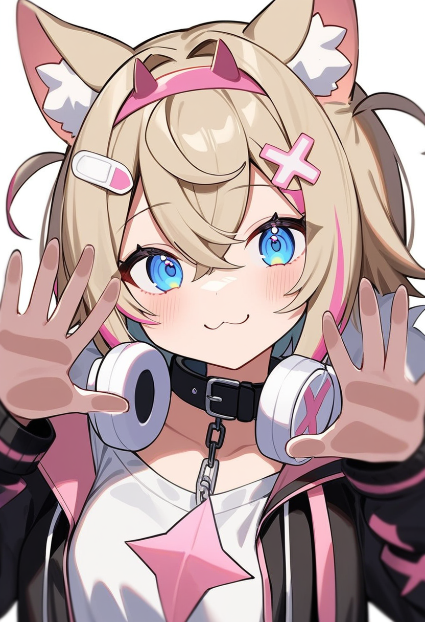 masterpiece,best quality,very aesthetic,absurdres,1,<lora:against_fourth_wall_xl:1>,against_fourth_wall, 1girl, solo, blush, smile, bandaid_hair_ornament, light_brown_hair, pink_hairband, short_hair, streaked_hair, x_hair_ornament, t-shirt, virtual_youtuber, highres, :3, against_glass, animal_collar, animal_ear_fluff, black_collar, black_jacket, blue_eyes, chibi_only, closed_mouth, crossed_bangs, dog_ears, double-parted_bangs, fur-trimmed_jacket, hair_between_eyes, headphones_around_neck, looking_at_viewer, mococo_abyssgard_\(1st_costume\), spiked_collar, white_shirt