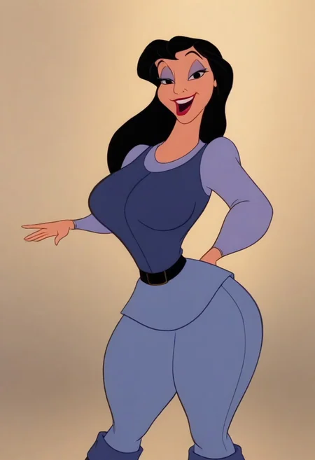 DukeIgthorn, DisneyRenstyle, parody, official artstyle, retro artstyle, solo, black hair, long hair, long eyelashes, black eyes, light blue sleeves, long sleeves, light blue pants, blue tunic, dark blue boots, black buckle belt, smile, open mouth, masterpiece, best quality, 1girl, solo, looking at viewer, standing, female body, genderswap (mtf), genderswap, retro artstyle, gender transformation, thick thighs, wide hips, busty, thicc, curvy, voluptuous, detailed, high resolution, bubble butt, ((solo)), tight clothes, ((solo focus)), ((extra-long hair)), big breasts, pretty face, skin dentation, contrapposto, intricate details, detailed eyes, smooth skin, dramatic lighting, (bimbo, ditzy, makeup), ((seductive pose:1.3)), 20-year female, happy, teasing expression, huge ass, huge breasts, big ass, big breasts, huge hips, narrow waist, ((cowboy shot)), face focus, ((G-cup breasts)), score_9, score_8_up, modeling, pornstar pose, ((sultry pose)), skimpy outfit, white background, <lora:Disney_Renaissance_IllustriousV1:1>