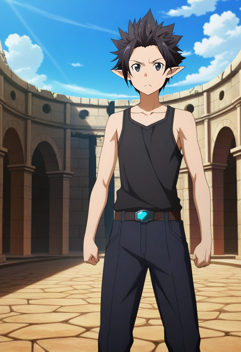 masterpiece, best quality, , anime screencap, anime coloring, , looking at viewer, 1boy, solo, male focus, <lora:kazuto_kirigaya_ilxl:0.92>, kazuto_kirigaya_alo, black hair, black eyes, short hair, pointy ears, spiked hair, sao-alo, kirito \(sao-alo\), Petra, Jordan, rose-red stone, ancient city ruins, standing pose, amazed expression, midday sun, tank top,