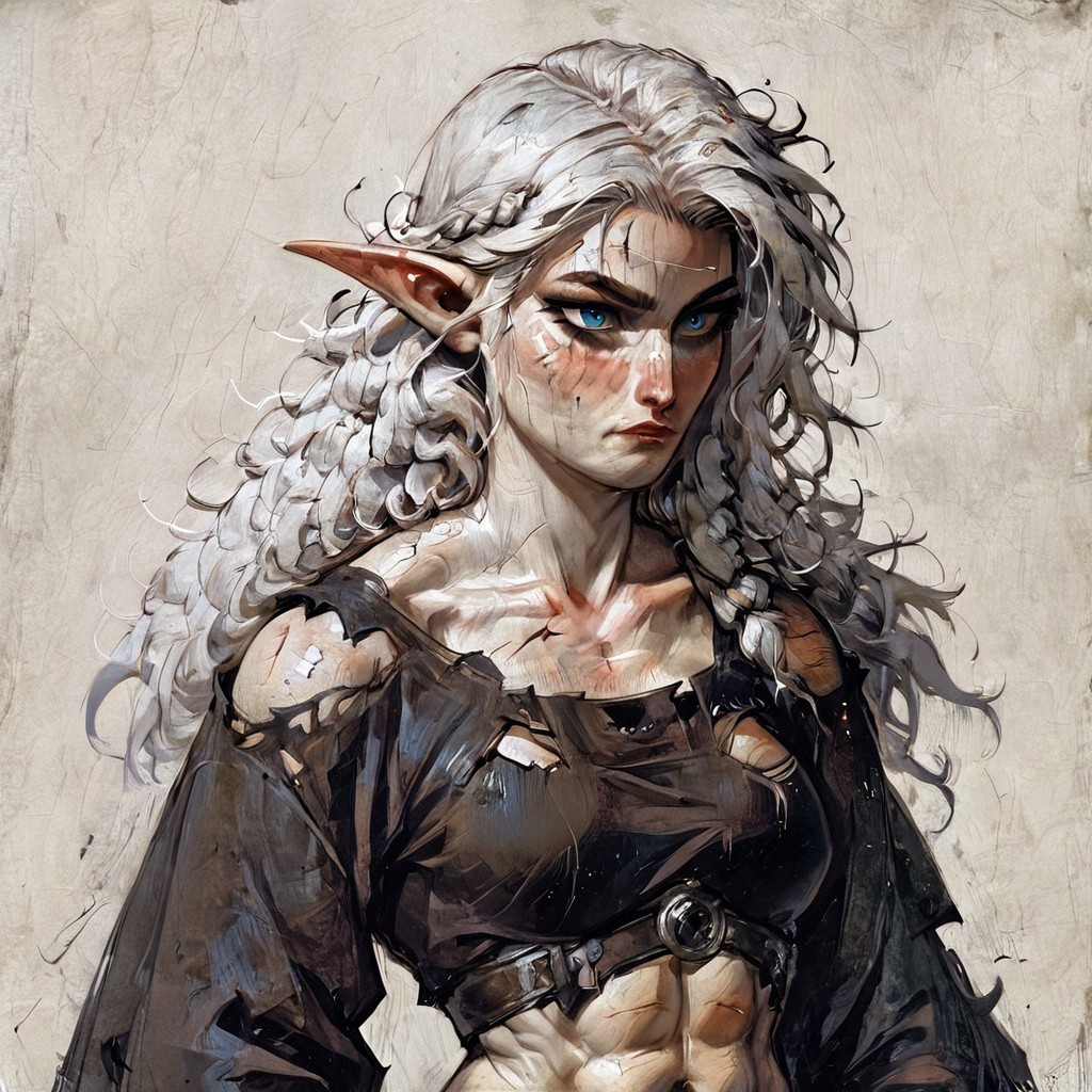 score_9, score_8_up, 
score_9, score_8_up, (((white skin))), (pale skin), (alabaster skin), white hair, blue eyes, muscular, female, fit, visible abs, medium breasts, elf, linen shirt, torn linen shirt, elf ears, pointy ears, pony tail, messy hair, very pale skin, solo female, 1 female, 1 character, completly white skin, pale, white, wavy hair, adult, beautiful, seductive, clothed, masterpiece, fantasy, scar on face, scar on eye, bruised, toga, abs, visible abs, braided hair, medival cloathes, medival, robe, toga