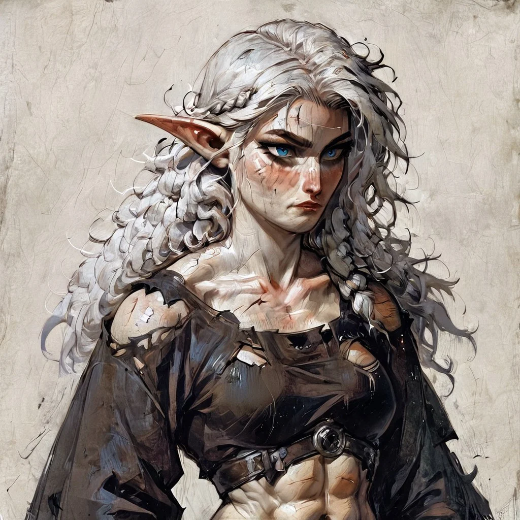 score_9, score_8_up,
score_9, score_8_up, (((white skin))), (pale skin), (alabaster skin), white hair, blue eyes, muscular, female, fit, visible abs, medium breasts, elf, linen shirt, torn linen shirt, elf ears, pointy ears, pony tail, messy hair, very pale skin, solo female, 1 female, 1 character, completly white skin, pale, white, wavy hair, adult, beautiful, seductive, clothed, masterpiece, fantasy, scar on face, scar on eye, bruised, toga, abs, visible abs, braided hair, medival cloathes, medival, robe, toga