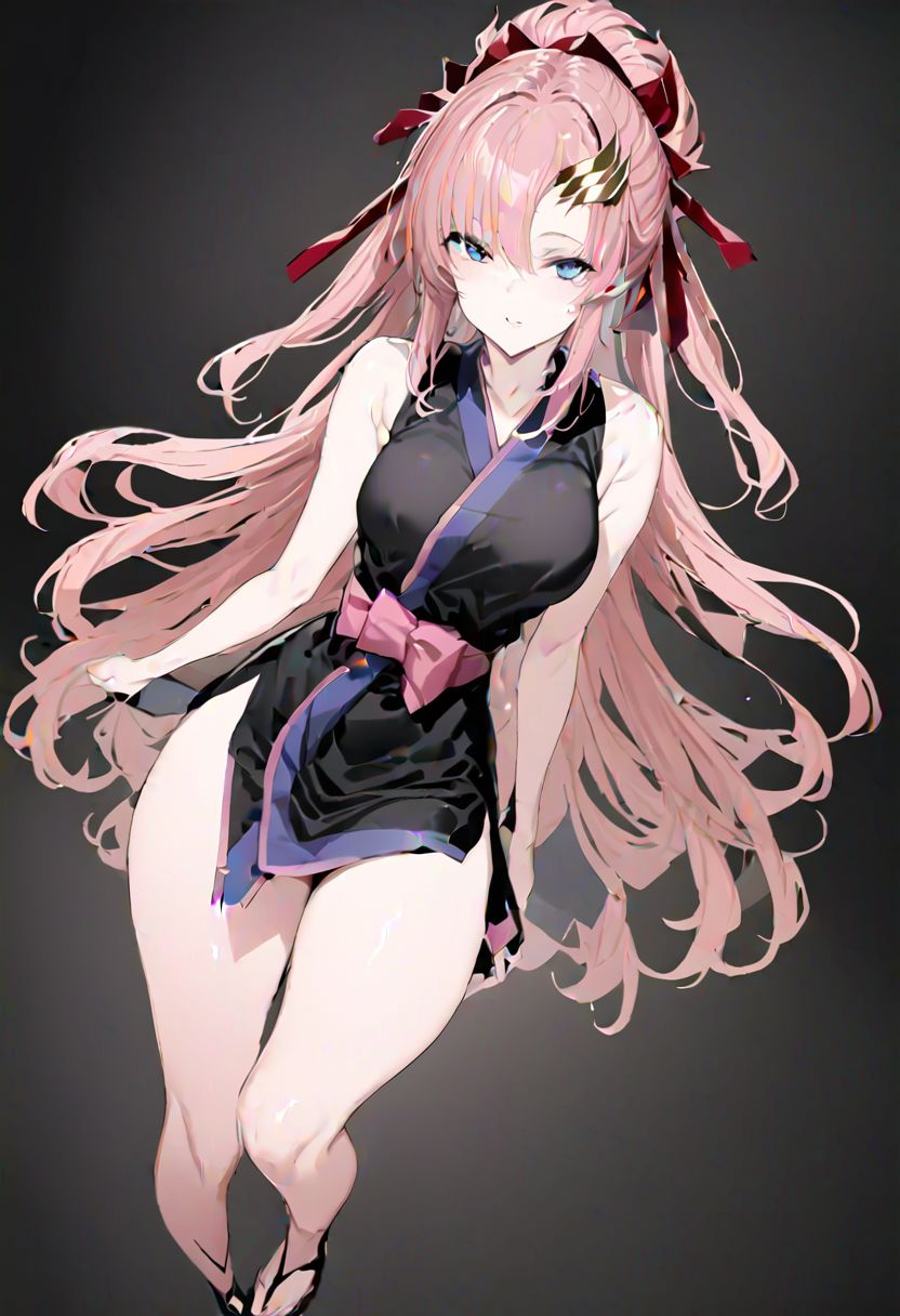 masterpiece, best quality, ultra-detailed, beautiful, nai3, 1girl, solo, full_body, tachi-e, 
lacus clyne, grey eyes, pink hair, long hair, bangs, hair ornament, japanese clothes, black sleeveless kimono, bare shoulders, red hair ribbon