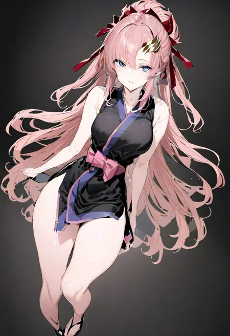 masterpiece, best quality, ultra-detailed, beautiful, nai3, 1girl, solo, full_body, tachi-e, 
lacus clyne, grey eyes, pink hair, long hair, bangs, hair ornament, japanese clothes, black sleeveless kimono, bare shoulders, red hair ribbon