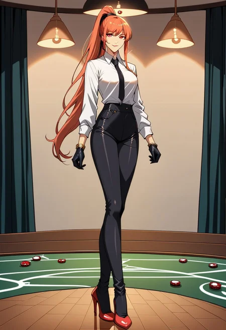 score_9, score_8_up, score_7_up, 1girl, night, indoor, in a casinò, full body, dynamic shot, from high, long legs standing behing a poker table, green table, solo, dynamic pose, Feng Ling, orange hair, red eyes, medium breast, long hair, ponytail, black pants, white shirt, long sleves shirt, black gilet, black neck tie, red heels, gold slim bracelets, black gloves, looking at the viewer, long legs, nice legs, white hips ultra detailed, masterpiece, close up, upper body<lora:add-detail-xl:1>, <lora:StS_PonyXL_Detail_Slider_v1.4_iteration_3:4>