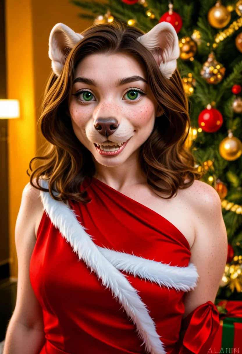 A 35mm photo of a beautiful 30 year old woman, she is an anthropomorphic ginger Alsatian , Alsatian nose, alsatian teeth, emerald green dog eyes, freckles, alsatian fur, Alsatian ears, brunette hair, elegant Christmas satin dress, Alsatian fur all over her body